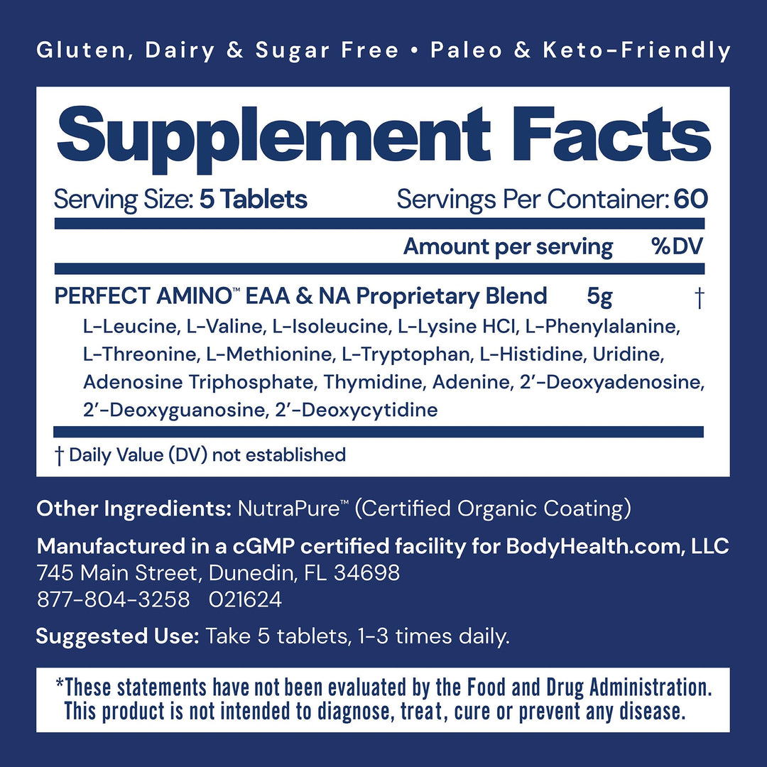 BodyHealth PerfectAmino (300 ct) Easy to Swallow Tablets, Essential Amino Acids Supplement with BCAAs, Vegan Protein for Pre/Post Workout &amp; Muscle Recovery with Lysine, Tryptophan, Leucine, Methionine