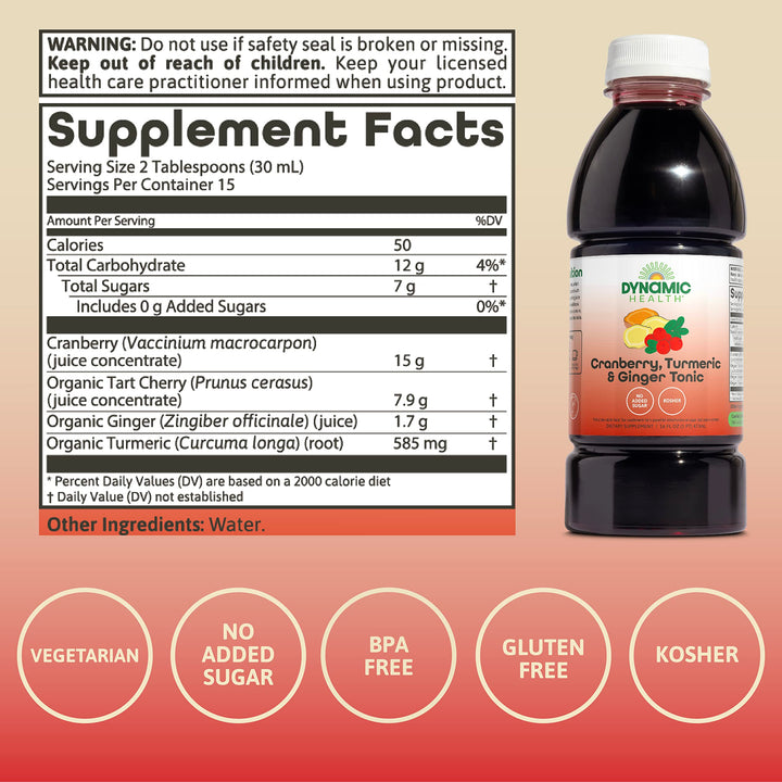 Dynamic Health Cranberry Turmeric and Ginger Tonic, Certified Organic, Natural Antioxidant Support, No Added Sugar, Gluten-Free, 16 Fl oz