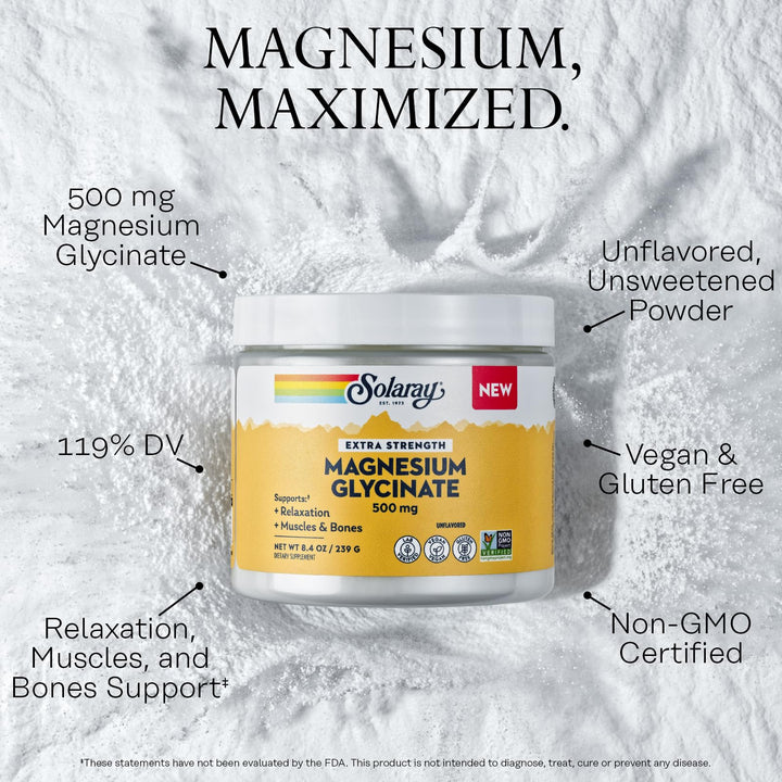 SOLARAY Magnesium Glycinate 500mg Powder - Extra Strength, Unflavored Magnesium Supplement for Bone, Muscle and Relaxation Support - Vegan, Gluten Free, Non-GMO, 60-Day Guarantee - 30 Servings, 8.4 OZ