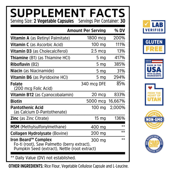 Zhou Iron Beard - Beard Growth Vitamins Men, Premium Biotin, Saw Palmetto &amp; B Vitamin Pills to Support Facial Hair, Beard Care Supplement for Full Beard - 60 Veggie Capsules