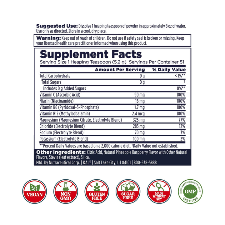 KAL Hydro Magnesium Plus Electrolytes Powder - Tropical Fruit Punch - Sodium, Chloride, Potassium Supplement - Hydration &amp; Cellular Energy Drink Mix - No Sugar - 60-Day Guarantee, 50 Servings, 9.4 OZ