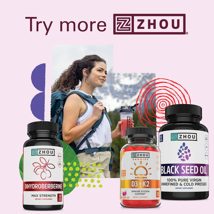 ZHOU Dihydroberberine 100 mg Supplement for Women &amp; Men - Enhanced Form of Berberine, Dihydroberberine 100mg Capsules, Natural Energy &amp; Cardiovascular Health Support, Vegan, Non GMO - 30 Caps