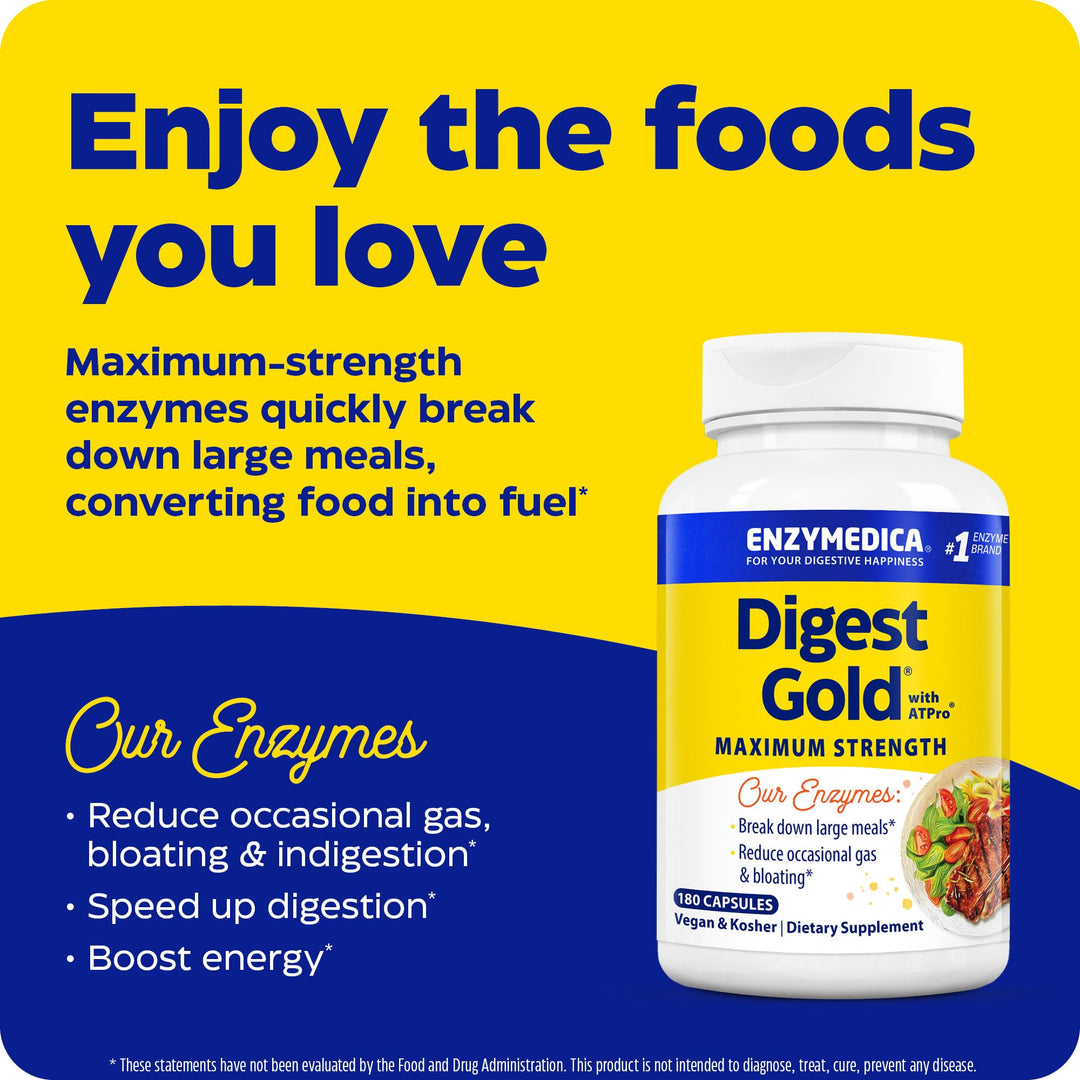 Enzymedica Digest Gold + ATPro, Maximum Strength Enzyme Formula, Prevents Bloating and Gas, 14 Key Enzymes Including Amylase, Protease, Lipase and Lactase, 180 Capsules