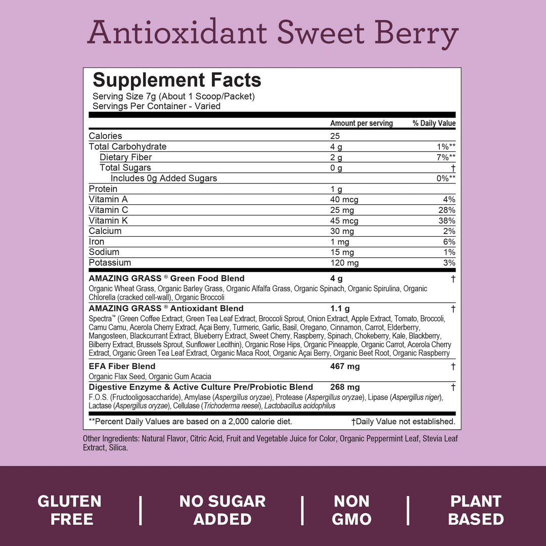 Amazing Grass Green Superfood Antioxidant: Super Greens Powder with Spirulina, Elderberry &amp; Probiotics, Sweet Berry, 15 Servings