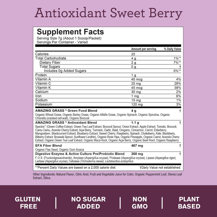 Amazing Grass Green Superfood Antioxidant: Super Greens Powder with Spirulina, Elderberry &amp; Probiotics, Sweet Berry, 15 Servings