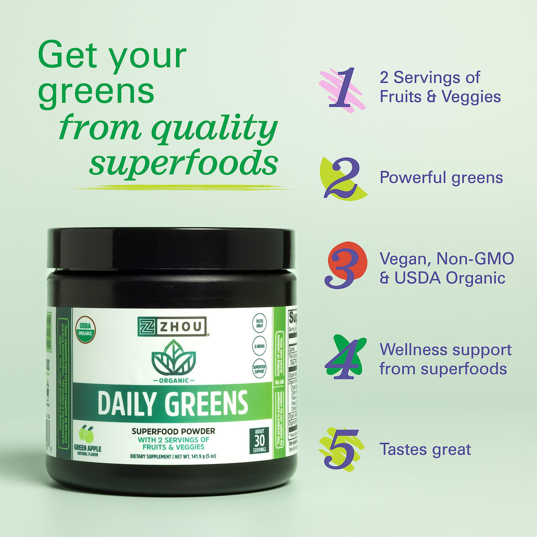 Zhou Organic Daily Greens Powder - Greens Superfood Powder for Juice, Smoothie, Super Food Drink Mix with Spirulina &amp; Kale, Vegetables Supplement - Green Apple Flavor, 5 oz (30 Servings)