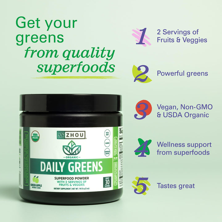 Zhou Organic Daily Greens Powder - Greens Superfood Powder for Juice, Smoothie, Super Food Drink Mix with Spirulina &amp; Kale, Vegetables Supplement - Green Apple Flavor, 5 oz (30 Servings)