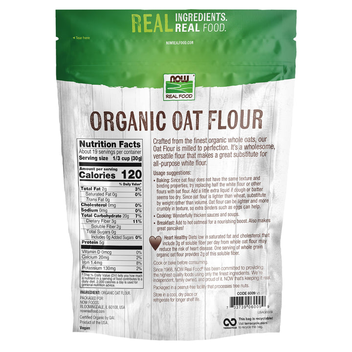 NOW Real Food Organic Oat Flour, Whole Grain, Good Source of Fiber, Wholesome Alternative to White Flour, 20-Ounce