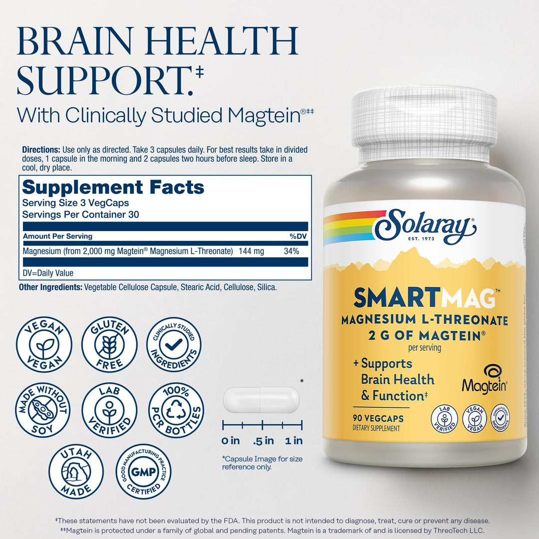 SOLARAY SmartMag Magtein Magnesium L-Threonate 2g - Magnesium Supplement for Brain Health Support - Mag Threonate Brain Supplement w/Clinically Studied Magtein - Vegan, Gluten Free, 30 Servings
