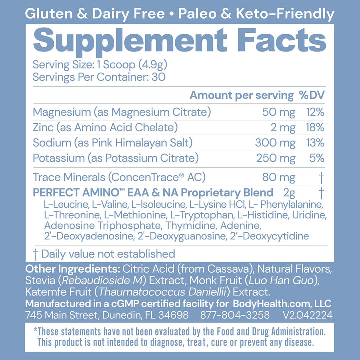 BodyHealth PerfectAmino Electrolytes Powder No Sugar, Hydration Fasting Keto Zero Sugar Electrolytes Drink Mix with Trace Minerals - Passion Fruit - 30 Servings