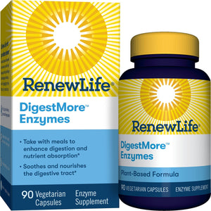 Renew Life Adult Digestive Enzyme - L-Glutamine, DigestMore Plant-Based Foods Enzyme Formula for Men & Women, Smooths Digestive Tract, Vegetarian, 90 Capsules
