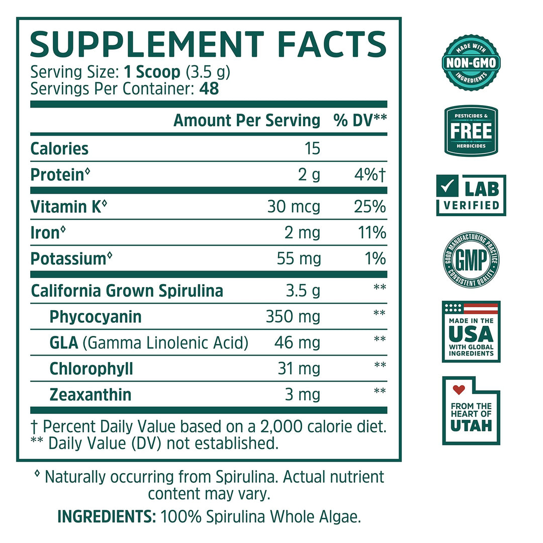 Zhou Spirulina Powder - Blue Green Spirulina Superfood for Women &amp; Men with Vegan Protein, Chlorophyll &amp; Phycocyanin for Smooth Energy &amp; Longevity, Drink Mix for Smoothies - 6 oz Jar (48 Servings)