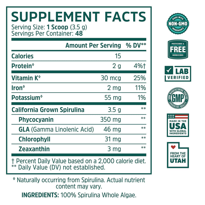 Zhou Spirulina Powder - Blue Green Spirulina Superfood for Women &amp; Men with Vegan Protein, Chlorophyll &amp; Phycocyanin for Smooth Energy &amp; Longevity, Drink Mix for Smoothies - 6 oz Jar (48 Servings)