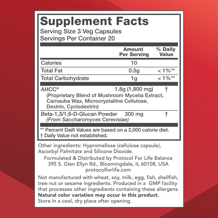 PROTOCOL FOR LIFE BALANCE AHCC 600 mg - Liver &amp; Immune Support Supplement with Beta-Glucan* - May Aid Cellular Health &amp; Stress* - Vegan, Dairy Free &amp; Nut Free - 60 Veg Caps
