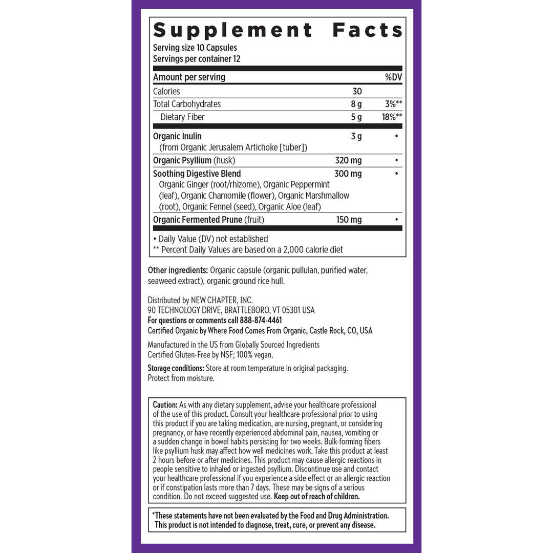 New Chapter All-Flora Multi-Fiber Supplement with Clinically Studied Prebiotic Inulin + Psyllium Husk for Digestion &amp; Gut Health, Good Source of Daily Fiber, USDA Organic, 100% Vegan, 120 Count