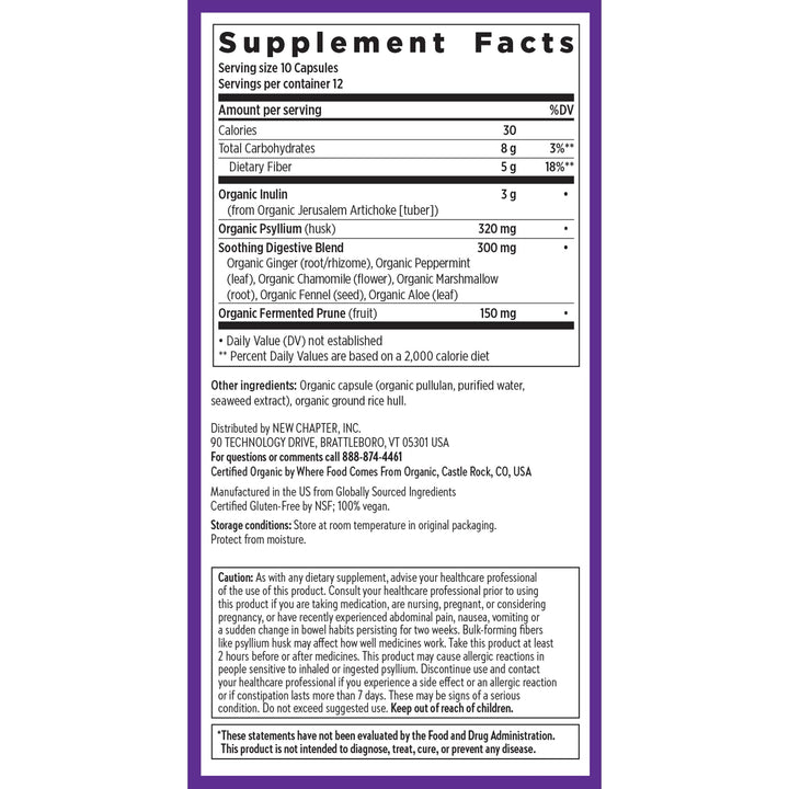 New Chapter All-Flora Multi-Fiber Supplement with Clinically Studied Prebiotic Inulin + Psyllium Husk for Digestion &amp; Gut Health, Good Source of Daily Fiber, USDA Organic, 100% Vegan, 120 Count