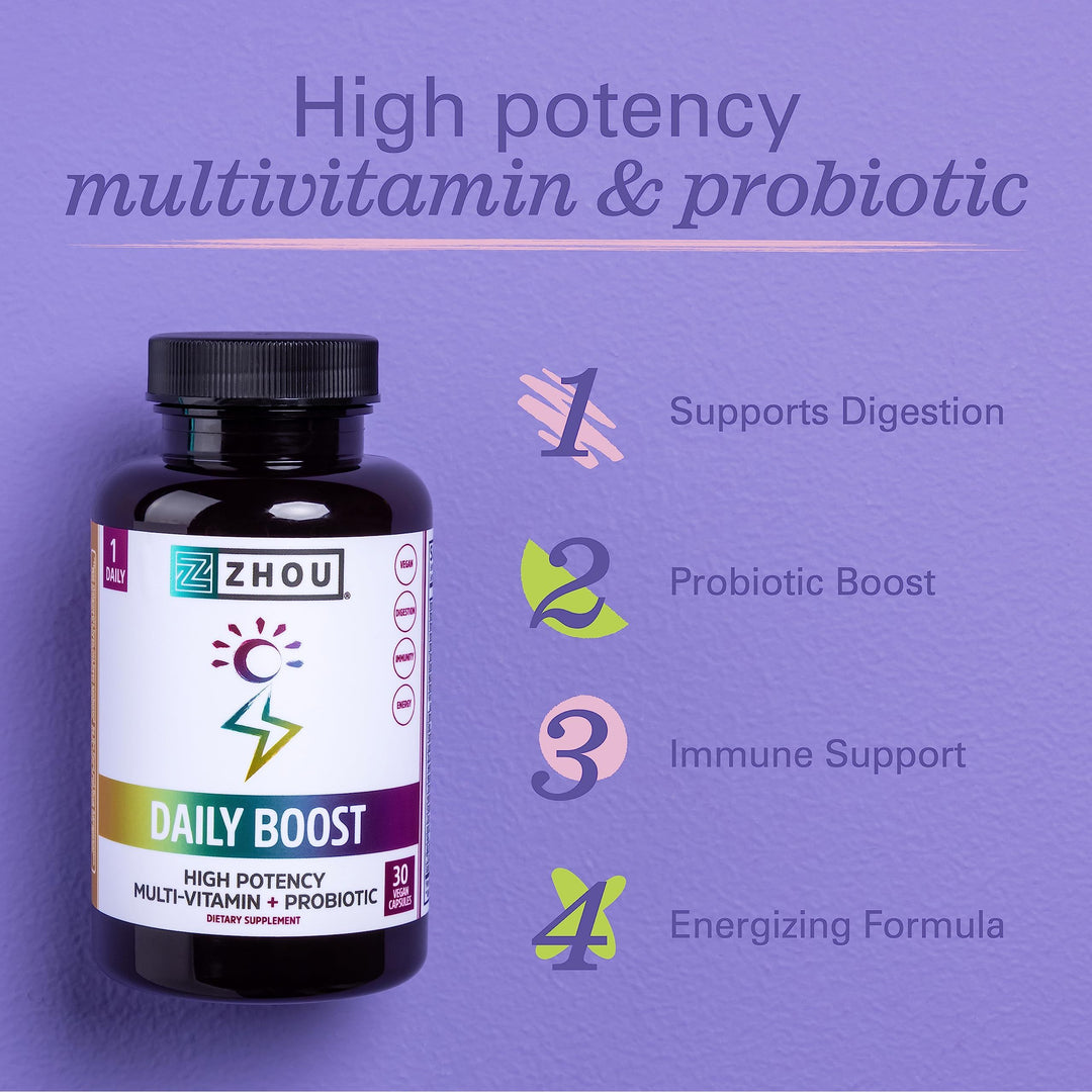 Zhou Daily Boost - Probiotic Multivitamin for Women &amp; Men, Immune Support, Antioxidant &amp; Eye Health Supplement with Vitamin A, Vitamin C, Biotin &amp; Folate for Adults - 30 Veggie Capsules