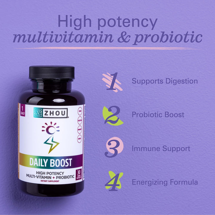 Zhou Daily Boost - Probiotic Multivitamin for Women &amp; Men, Immune Support, Antioxidant &amp; Eye Health Supplement with Vitamin A, Vitamin C, Biotin &amp; Folate for Adults - 30 Veggie Capsules