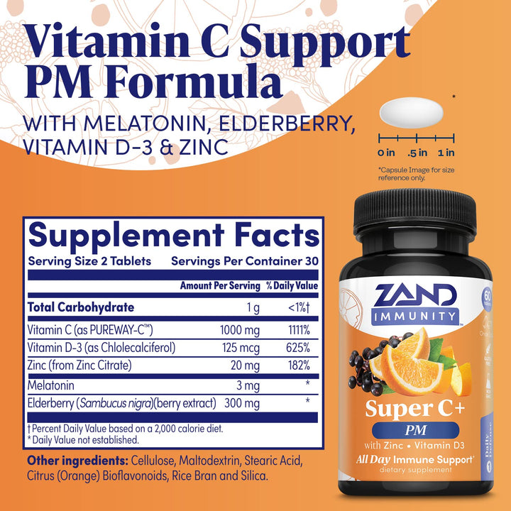 Zand Immunity Super C+ PM, Nighttime Immune Support Plus Melatonin, 1000mg PureWay-C Vitamin C, Zinc, D3 &amp; Elderberry, Enhanced Absorption - 60 Tablets, 30 Servings