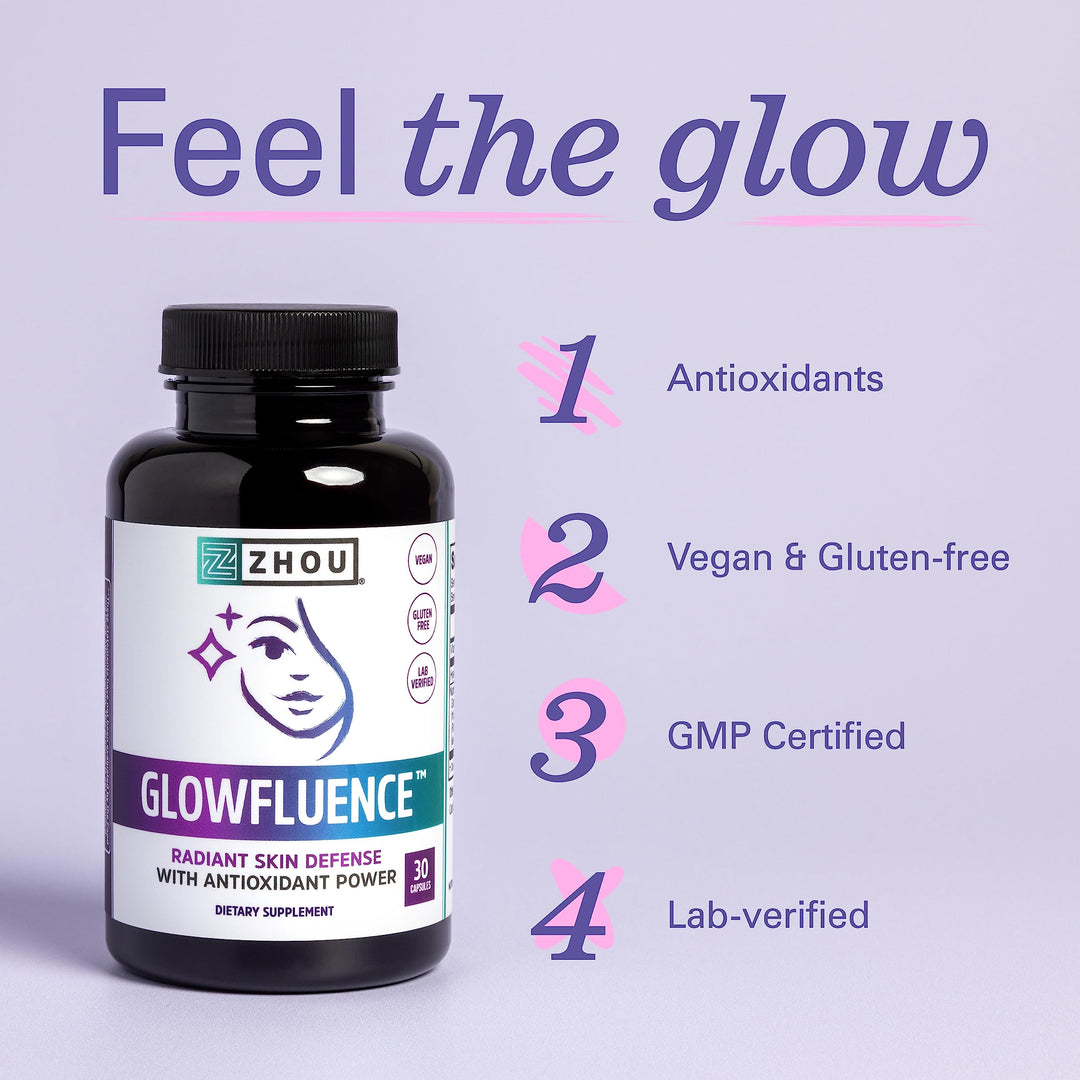 Zhou Glowfluence - Hyaluronic Acid Supplement with Vitamin C and Antioxidants, Glowing Skin and Hydration Support, Hyaluronic Acid Pills for Women and Men, Pure Formula - 30 Vegetarian Capsules