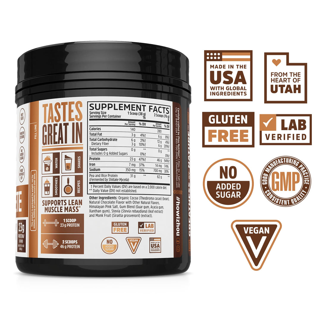 Zhou Plant Complete Vegan Protein Powder - Plant Based Protein Powder for Women &amp; Men, Non Dairy Rice &amp; Pea Blend for Smoothies &amp; Shakes, 21g Protein Per Serving - Chocolate, 17.7oz (16 Servings)