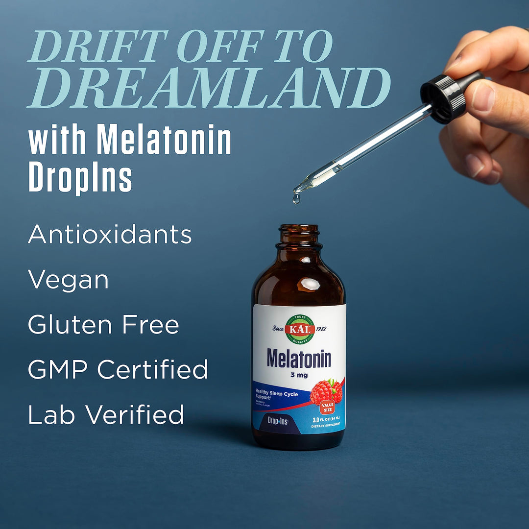 KAL Melatonin 3mg DropIns, Fast Acting Sleep Aid, Melatonin Drops for Calming Relaxation and Healthy Sleep Cycle Support, Natural Raspberry Flavor, 60 Day Guarantee, Approx. 88 Servings, 3 fl oz - The Oasis of Health