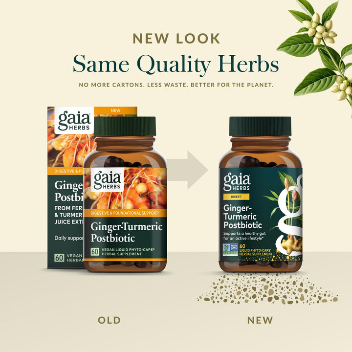Gaia Herbs Ginger-Turmeric Postbiotic - Healthy Gut Support* - 60 Vegan Liquid Phyto-Caps (30 Servings)