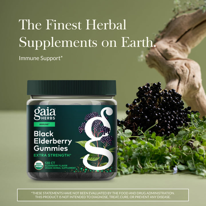 Gaia Herbs Black Elderberry (Sambucus nigra) Extra Strength Gummies - Delicious Immune Support Supplement* - Certified Organic Black Elderberries for Immune System Support* - 120 Gummies (60 Servings)