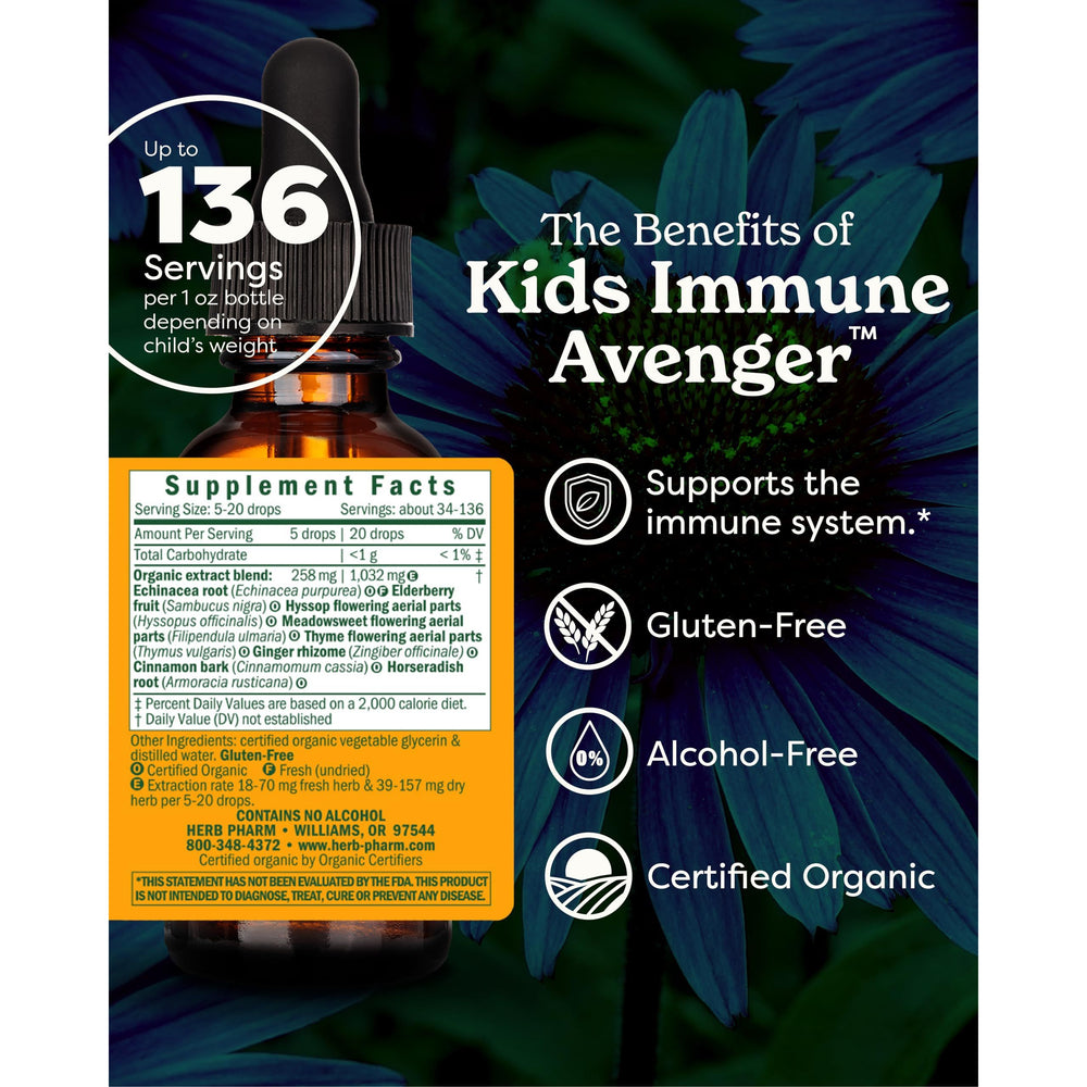 Herb Pharm Kids Certified-Organic Alcohol-Free Immune Avenger Herbal Formula, 1 Ounce - The Oasis of Health