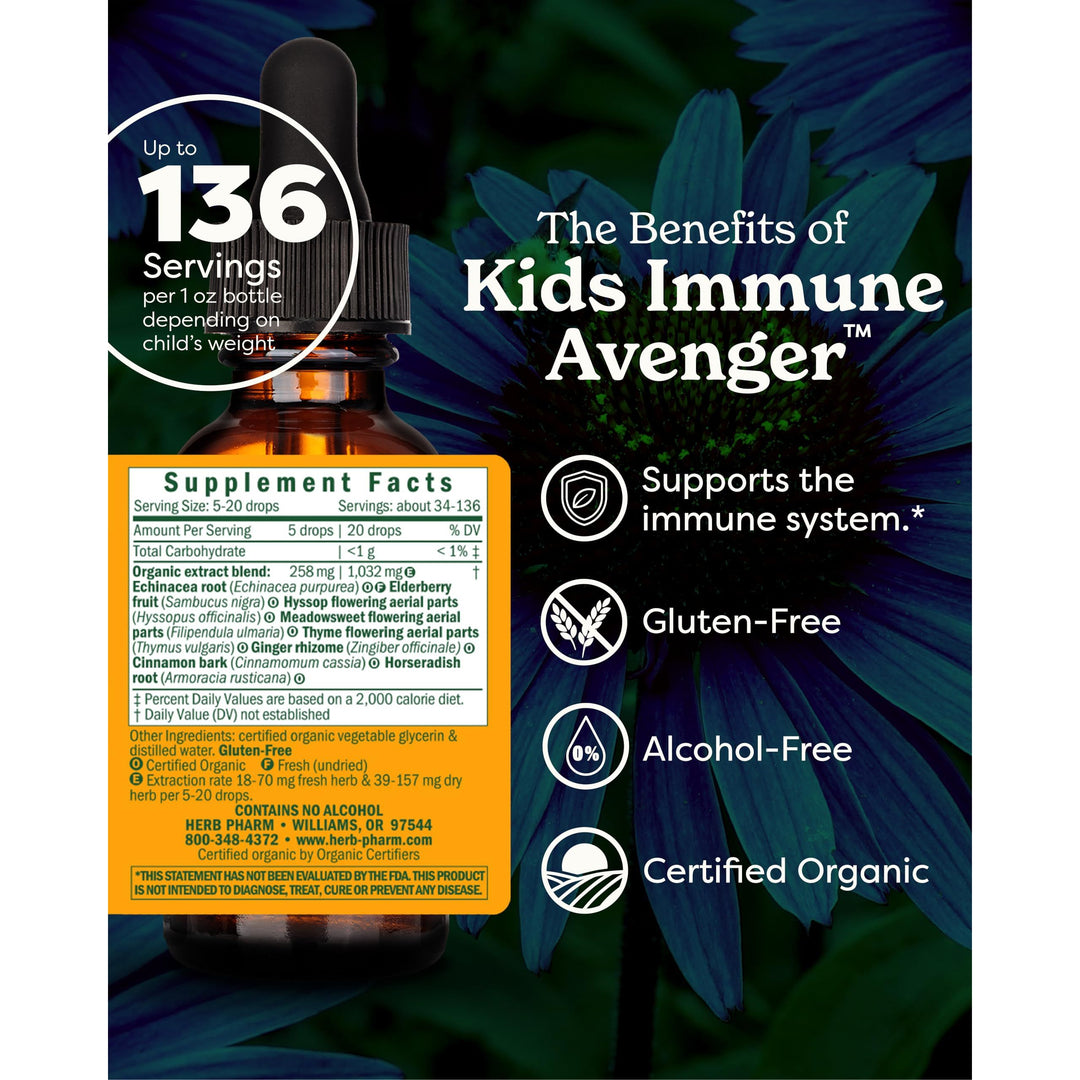 Herb Pharm Kids Certified-Organic Alcohol-Free Immune Avenger Herbal Formula, 1 Ounce - The Oasis of Health