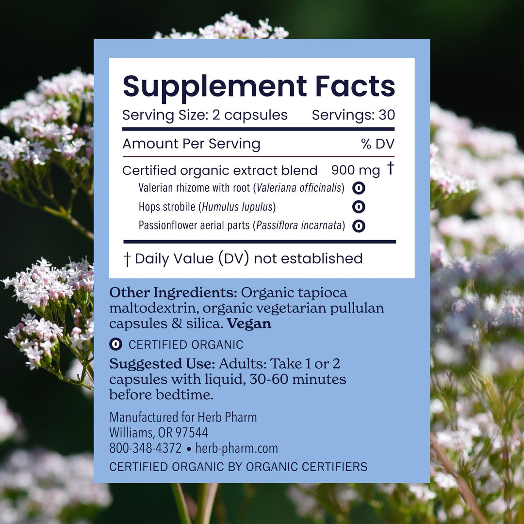 Herb Pharm Sleep Easier Capsules with Valerian Root &amp; Rhizome, Passionflower &amp; Hops. Melatonin Free Certified Organic Herbal Sleep Aid for Adults, Vegan, ~30-60 Day Supply, 60 Capsules*