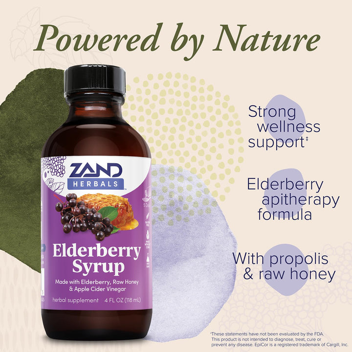 ZAND HERBALS Elderberry Syrup - Wellness Support with Organic Elderberry, Raw Honey, Apple Cider Vinegar, Propolis, Echinacea - Non-GMO, Gluten Free, 60-Day Guarantee, 23 Servings, 4oz