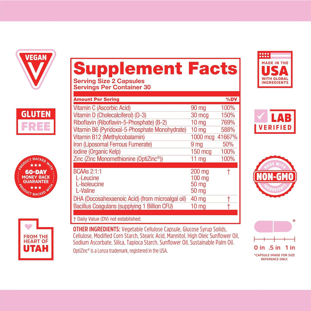 Zhou Vegan Multivitamin for Women &amp; Men, Daily Vegan Supplement, Essential Multi Vitamin with Iron &amp; Zinc for Energy, Vitality, Immune Support, &amp; Whole Body Health - 60 Veg Caps