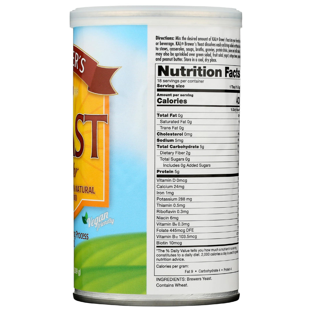 KAL Brewers Yeast Powder, Unfortified, Unsweetened Super Food, 100% Natural Source of Protein, B Complex Vitamins, Amino Acids - Vegan, Preservative Free, Made Without Soy - Approx. 18 Servings, 7.4oz