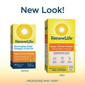 Renew Life Fish Oil, Norwegian Gold Omega-3 Supplement ? 950mg Critical Omega-3 Fish Oil Supplement, Dairy & Gluten Free, Supports Healthy Heart & Brain Function, Burp-Free - 30 Soft Gel Capsules - The Oasis of Health