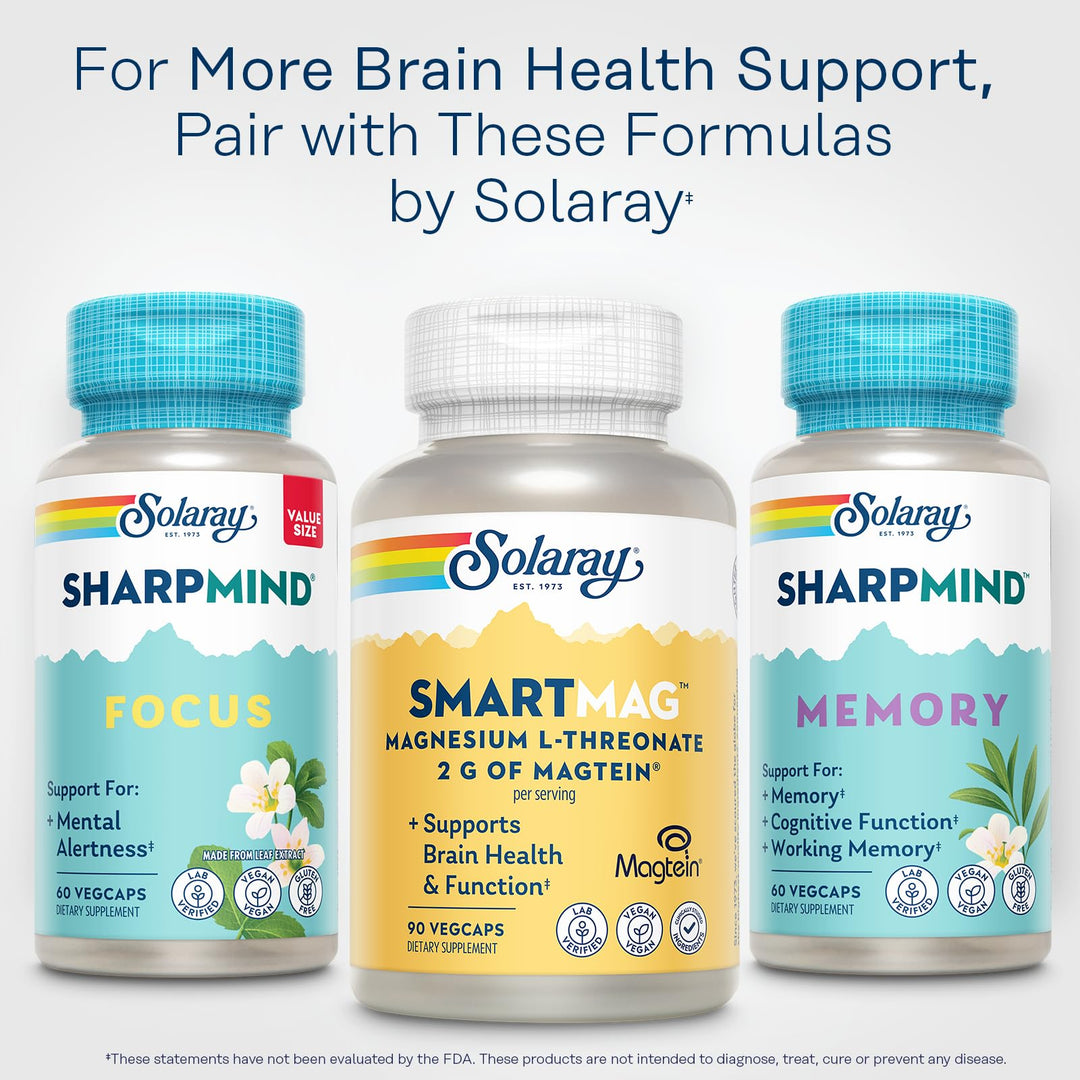 SOLARAY SmartMag Magtein Magnesium L-Threonate 2g - Magnesium Supplement for Brain Health Support - Mag Threonate Brain Supplement w/Clinically Studied Magtein - Vegan, Gluten Free, 30 Servings