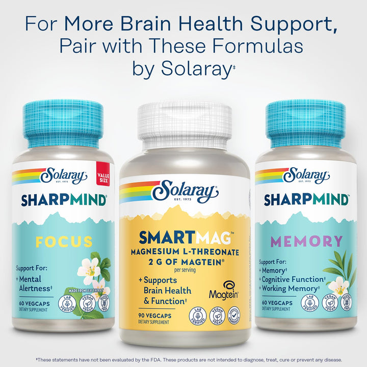 SOLARAY SmartMag Magtein Magnesium L-Threonate 2g - Magnesium Supplement for Brain Health Support - Mag Threonate Brain Supplement w/Clinically Studied Magtein - Vegan, Gluten Free, 30 Servings