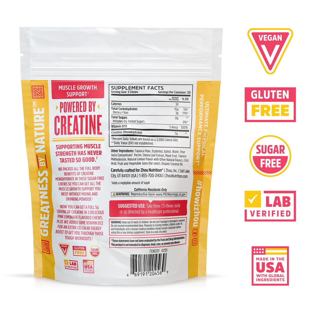ZHOU Nutrition Creatine Monohydrate Chewables 5g for Men &amp; Women, Sugar Free, Organic, Non GMO, Pink Lemonade, 60 Creatine Gummies