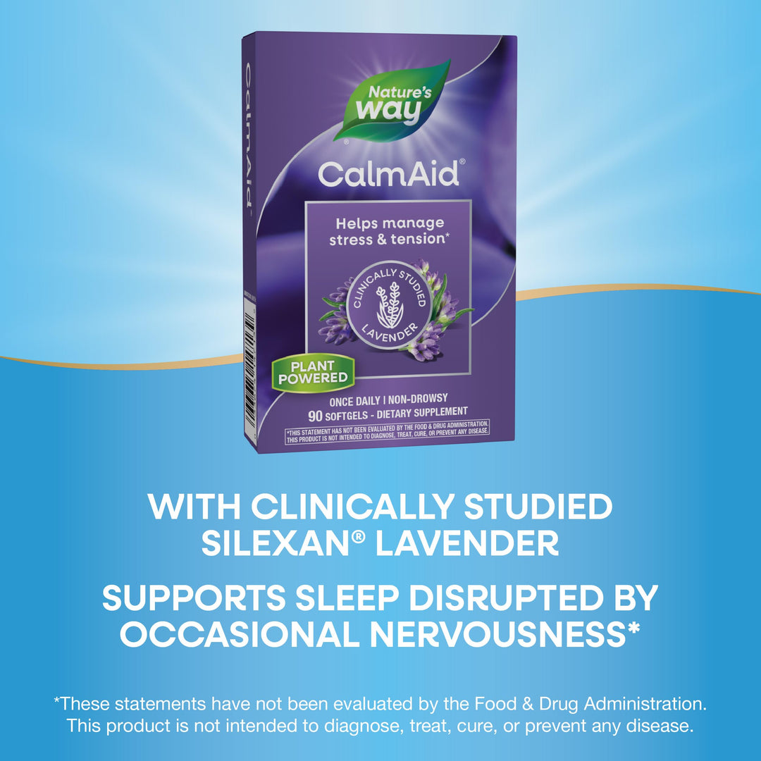 Natures Way CalmAid Lavender Oil Supplement for Calm &amp; Stress Support*, Clinically Studied Silexan Lavender Oil, Non-Drowsy, Daily Softgels, 90 Count