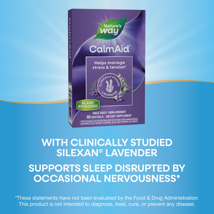 Natures Way CalmAid Lavender Oil Supplement for Calm &amp; Stress Support*, Clinically Studied Silexan Lavender Oil, Non-Drowsy, Daily Softgels, 90 Count