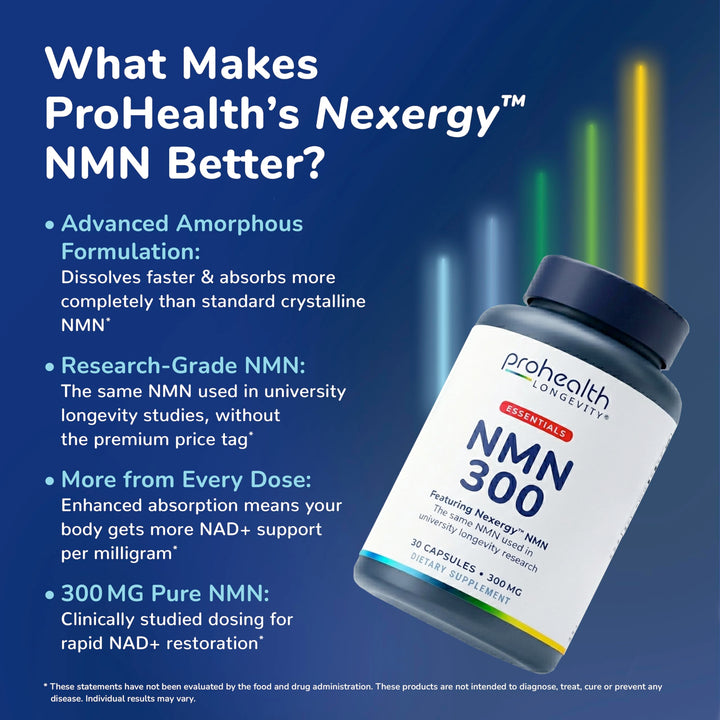 ProHealth Longevity Essentials NMN 300 (300mg, 30 Capsules) - Featuring Nexergy NMN 300mg Supplement, NAD+ Precursor, Dietary Supplement, Cellular Health, Metabolism Support