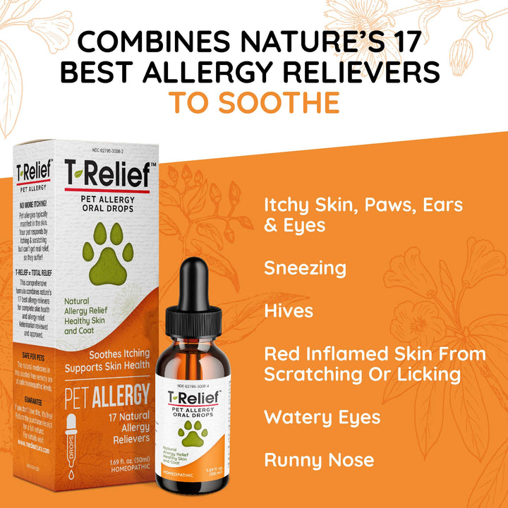 T-Relief Pet Allergy Support Drops for Dogs &amp; Cats Itchy Relief Supports Healthy Skin &amp; Coat Natural Medicine Helps Soothe Hot Spot Itching Paws Licking Runny Nose Sneezing Watery Eyes - 1.69 Fl oz