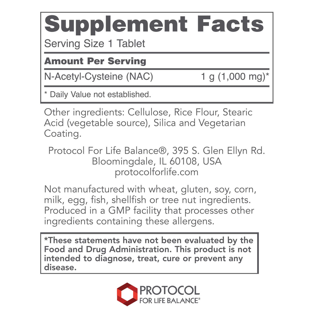 Dim Gray Protocol For Life Balance NAC (N-Acetyl Cysteine) 1000 Mg 120 Tablets - P0185