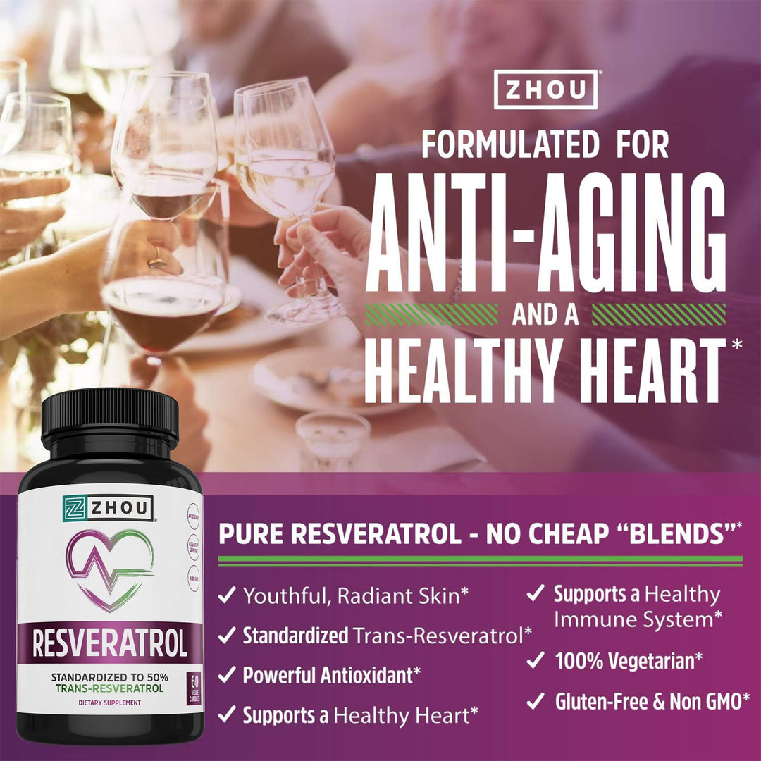 ZHOU Resveratrol - Resveratrol 1000mg Nutritional Supplement for Women &amp; Men, Pure Ultra Strength Heart Health and Antioxidant Support Formula - 60 Veggie Capsules
