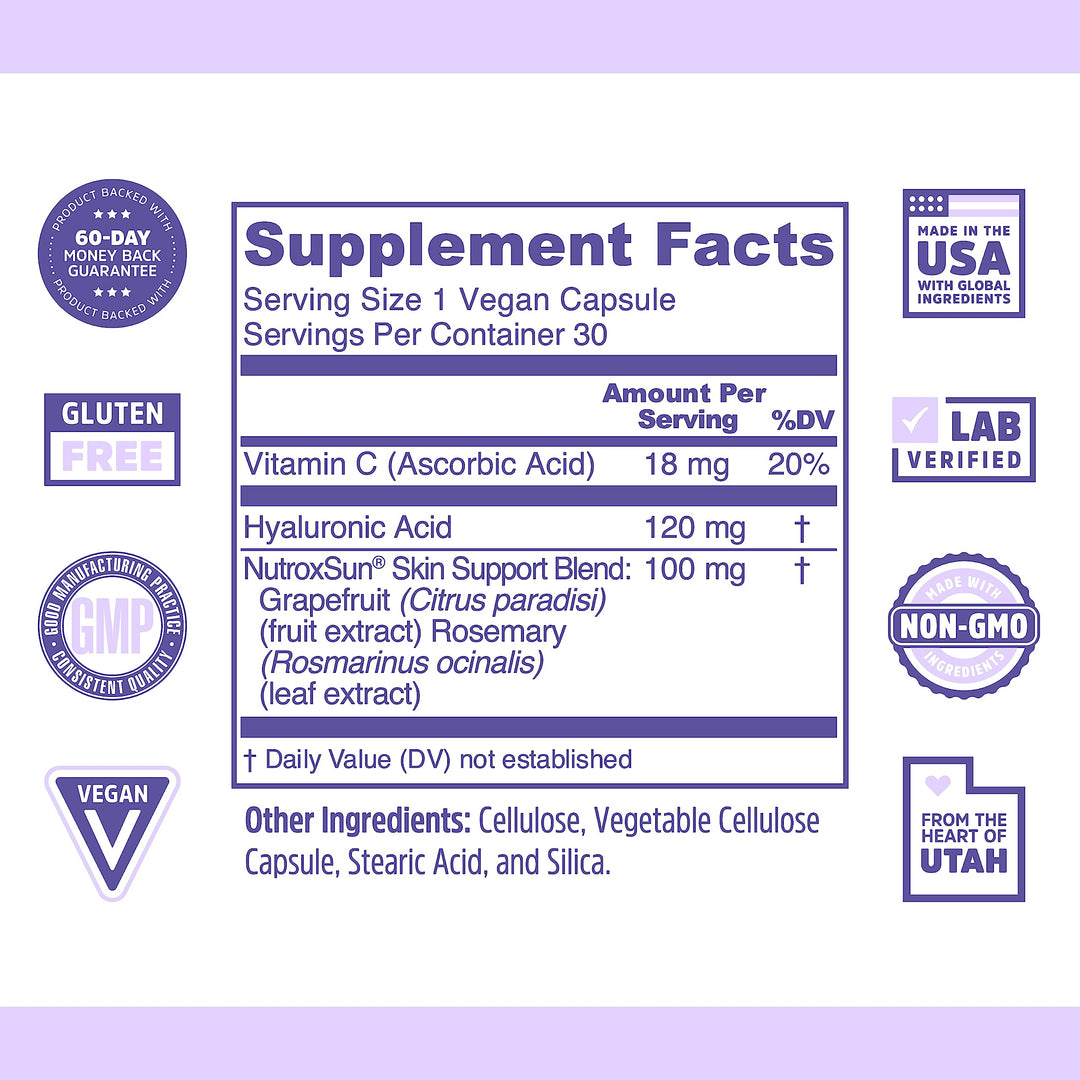 Zhou Glowfluence - Hyaluronic Acid Supplement with Vitamin C and Antioxidants, Glowing Skin and Hydration Support, Hyaluronic Acid Pills for Women and Men, Pure Formula - 30 Vegetarian Capsules