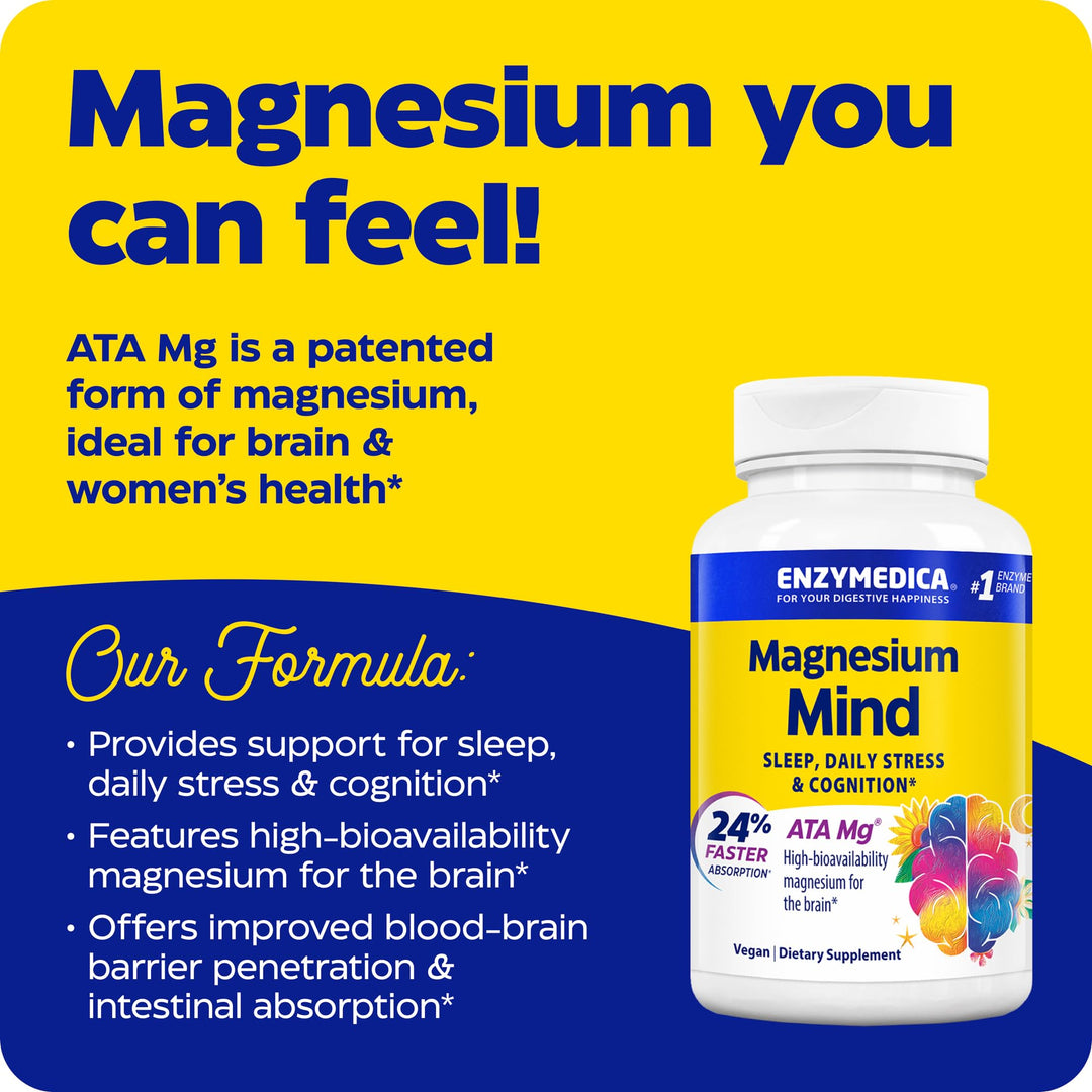 Enzymedica Magnesium Mind Supplement for Women &amp; Men - Sleep, Stress, &amp; Cognition Support, ATA Mg 24% Faster Absorption, High Bioavailability Magnesium Capsules for Brain, Vegan, Gluten Free - 60 Caps