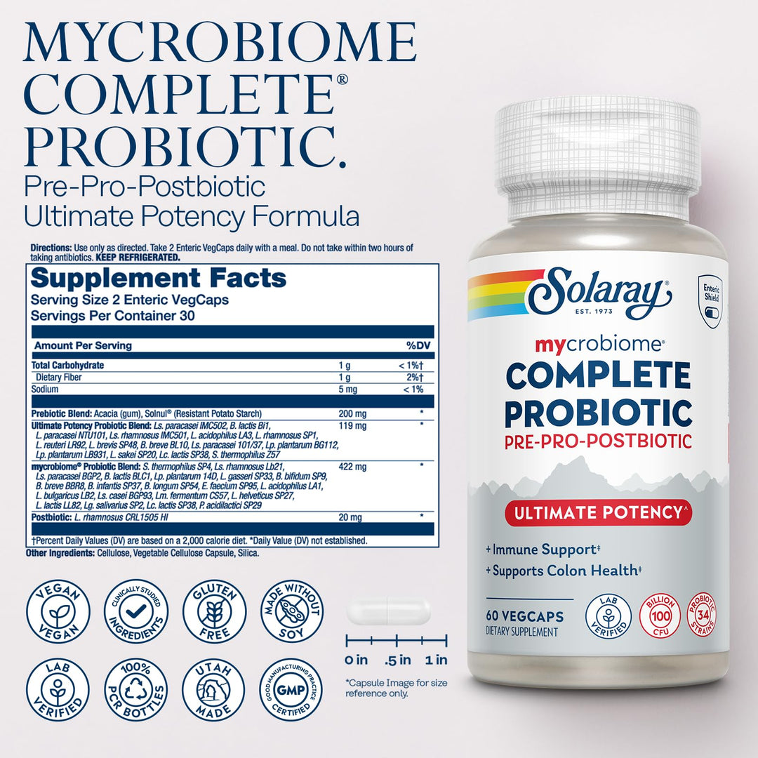 SOLARAY Mycrobiome Complete Probiotic Ultimate Potency - Pre and Probiotics for Women and Men Plus Postbiotic - 100 Billion CFU, 34 Strains - Vegan - 30 Servings, 60 VegCaps