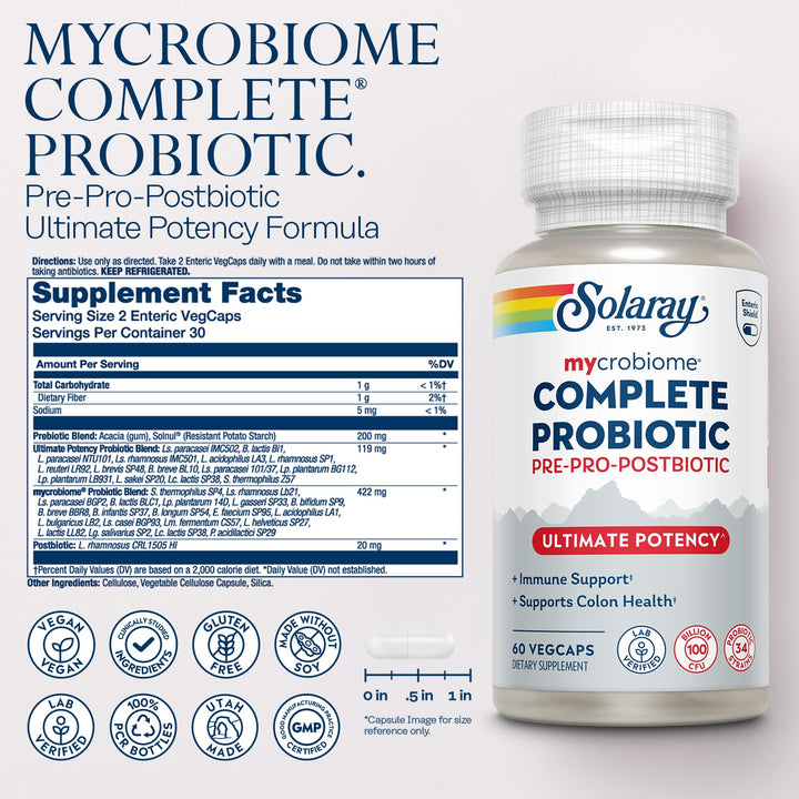 SOLARAY Mycrobiome Complete Probiotic Ultimate Potency - Pre and Probiotics for Women and Men Plus Postbiotic - 100 Billion CFU, 34 Strains - Vegan - 30 Servings, 60 VegCaps