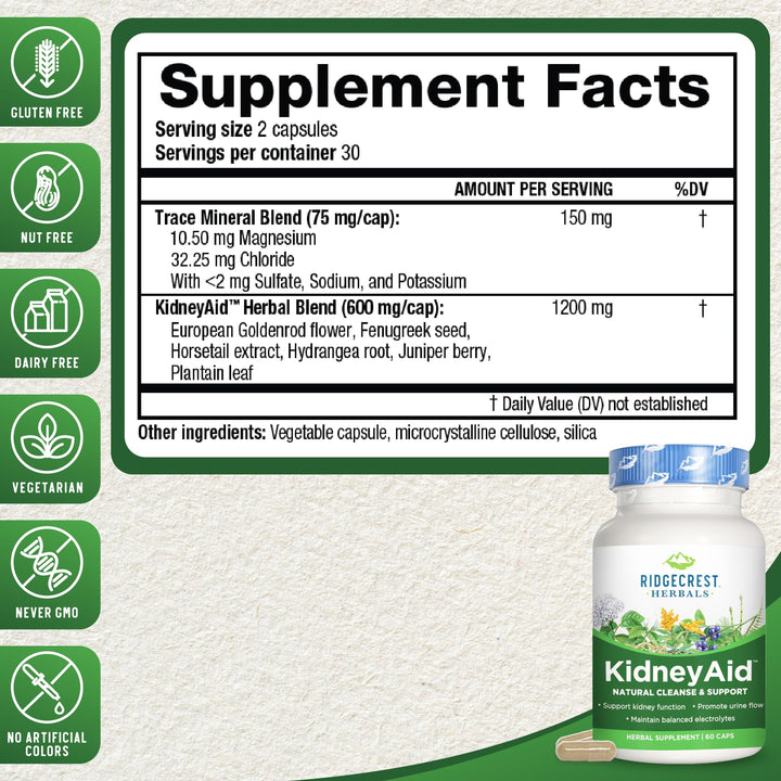 Ridgecrest Herbals KidneyAid, Kidney Health Support Supplement, Hydrangea, Horsetail, Urinary Tract Health Support, Trace Mineral (60 Caps, 30 Serv)