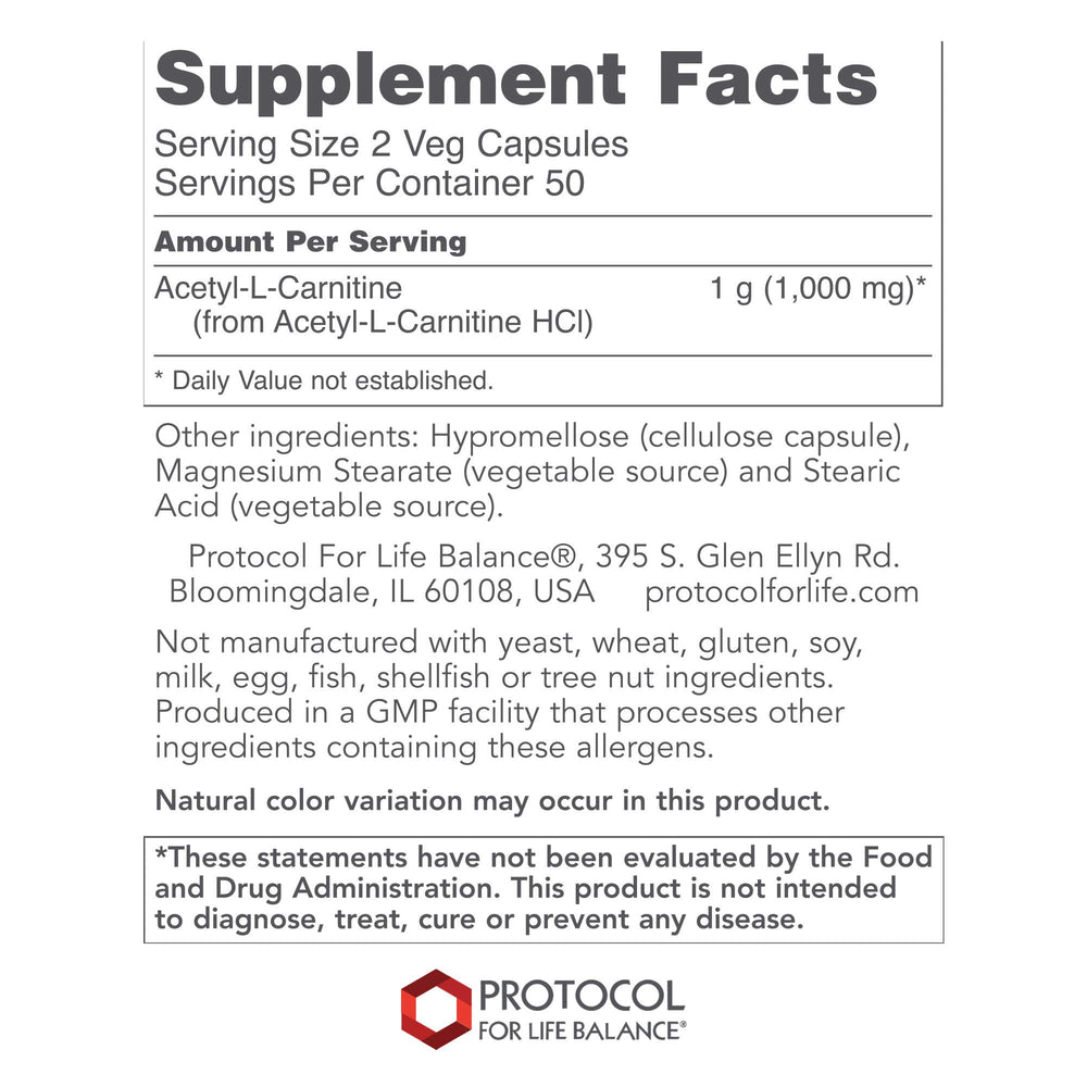 Dim Gray Protocol For Life Balance Acetyl-L-Carnitine 500 Mg 100 Vcaps - P0076